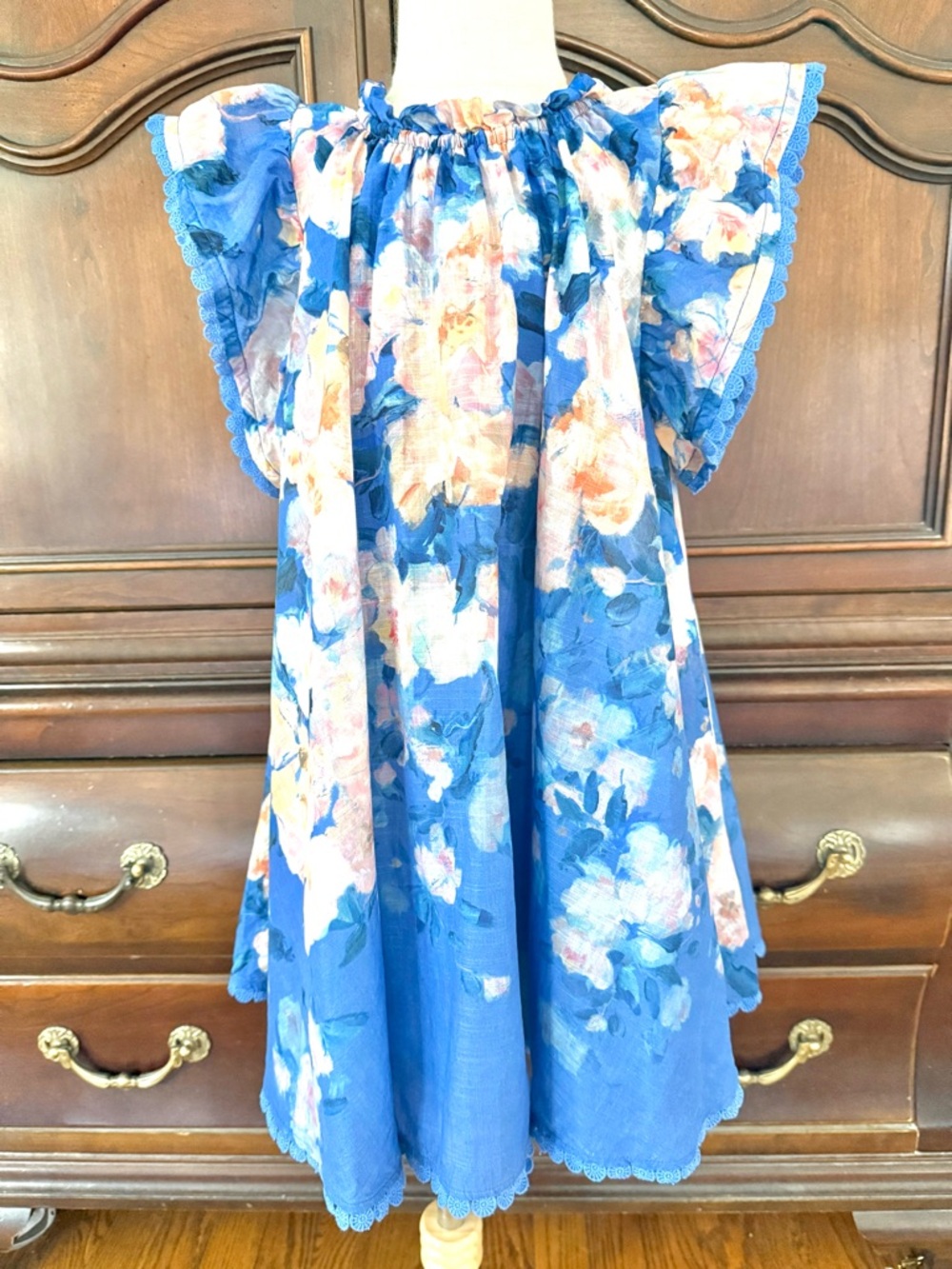 Zimmermann Kids Blue Floral Flutter Sleeve Dress Size 6 Luxury Designer